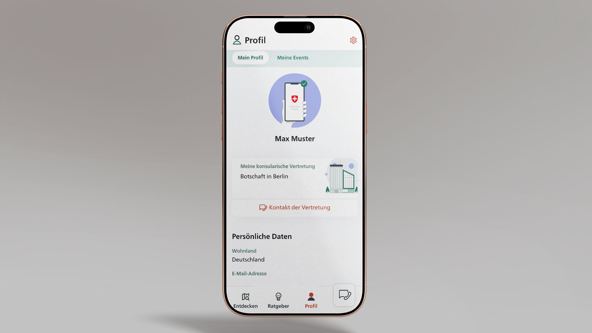 Das Bild zeigt ein Smartphone, auf dem die SwissInTouch App geöffnet ist, auf dem persönlichen Profil.