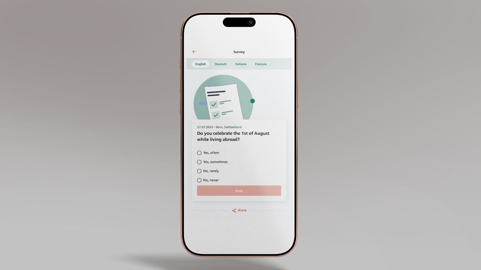 The image shows a smartphone displaying the SwissInTouch app's questionnaire feature.